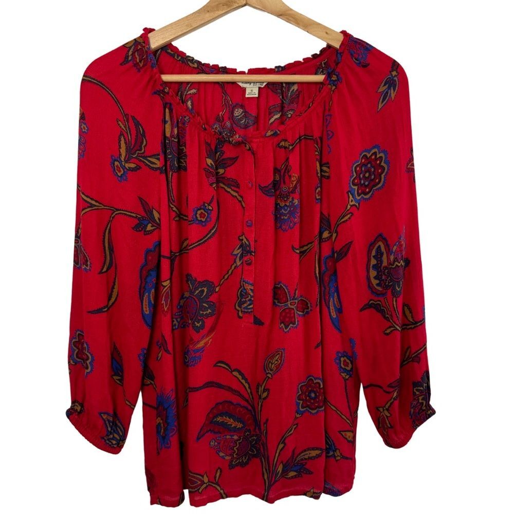 Red Lucky Brand Boho Floral Western Top Elastic 3/4 Sleeves Button Blouse Small